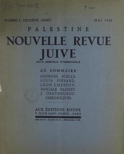Palestine, nouvelle revue juive Vol. 3 n° 5 (mai 1929)